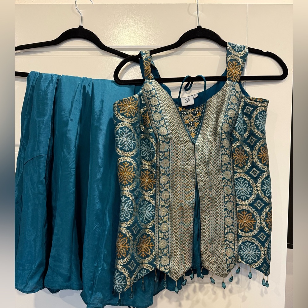 Teal and Gold Embroidered Sleeveless Top 
Indian Palazzo Outfit
